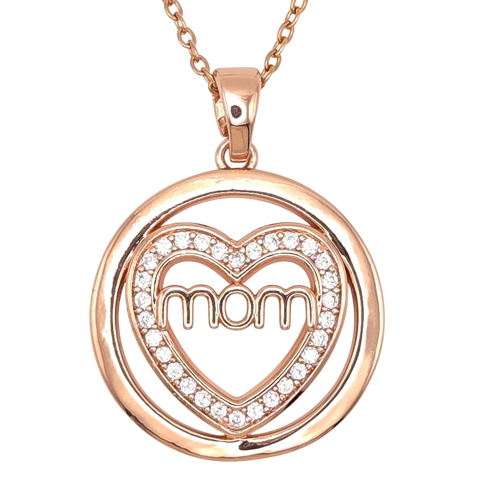 S925 Rose Gold Mom Heart Pendant Necklace Cubic Zirconia Accents 16-18 Inch